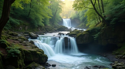 Flowing Streams Over Rugged Cliffs In Woodland