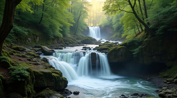 Streams flowing down rugged cliffs surrounded by dense woodland with sunlight filtering through canopy.