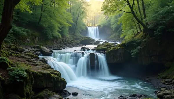 Flowing Streams Over Rugged Cliffs In Woodland