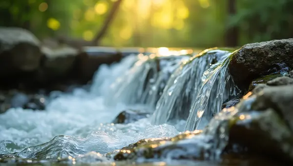 Flowing Water Over Stone Ledges In Sunlight