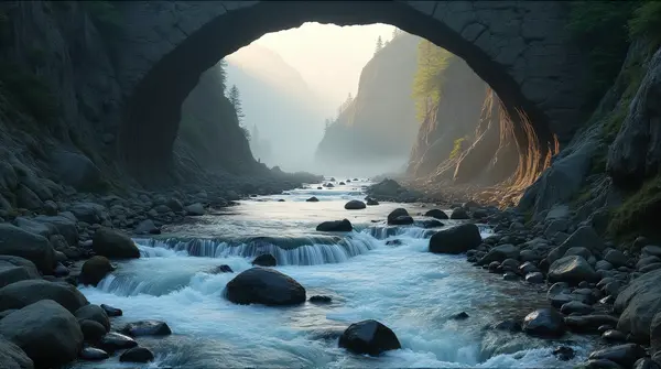 Multiple streams flow under an arched crossing with sunlight filtering through mist surrounded by cliffs and boulders in a peaceful valley