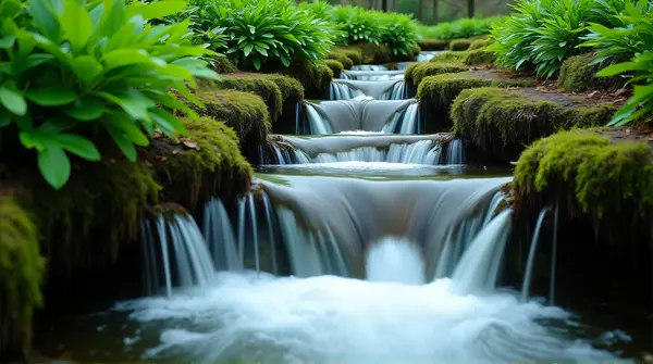 Flowing Water Streams Over Mossy Green Ledges