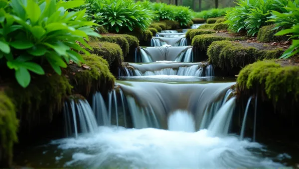 Flowing Water Streams Over Mossy Green Ledges