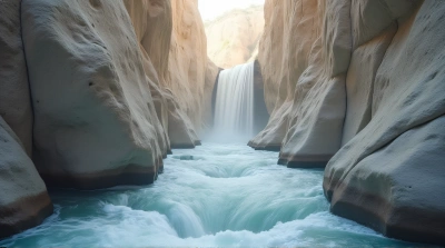 Flowing Waterfall Between Tall Stone Cliffs