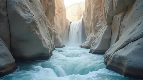 Streaming water flowing down a narrow gap between tall pale stone cliffs from a low angle view.