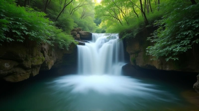 Flowing Waterfall With Lush Greenery And Soft Daylight