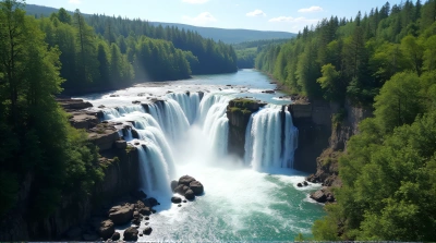 Flowing Waterfalls Over Rocky Ledges With Dense Foliage