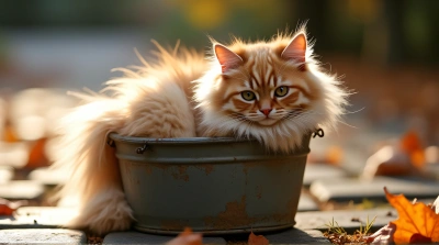 Fluffy Cat Sitting in Rustic Bucket with Autumn Leaves