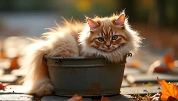 Fluffy Cat Sitting in Rustic Bucket with Autumn Leaves