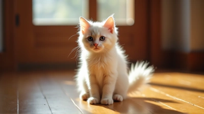 Fluffy Cat Sitting on Wooden Floor in Sunlight