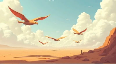 Flying Creatures Over Ochre Rocky Landscape
