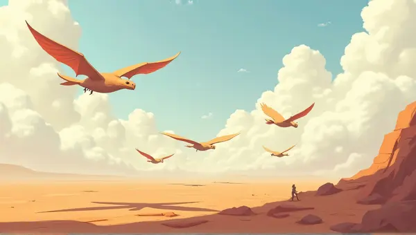 Flying Creatures Over Ochre Rocky Landscape