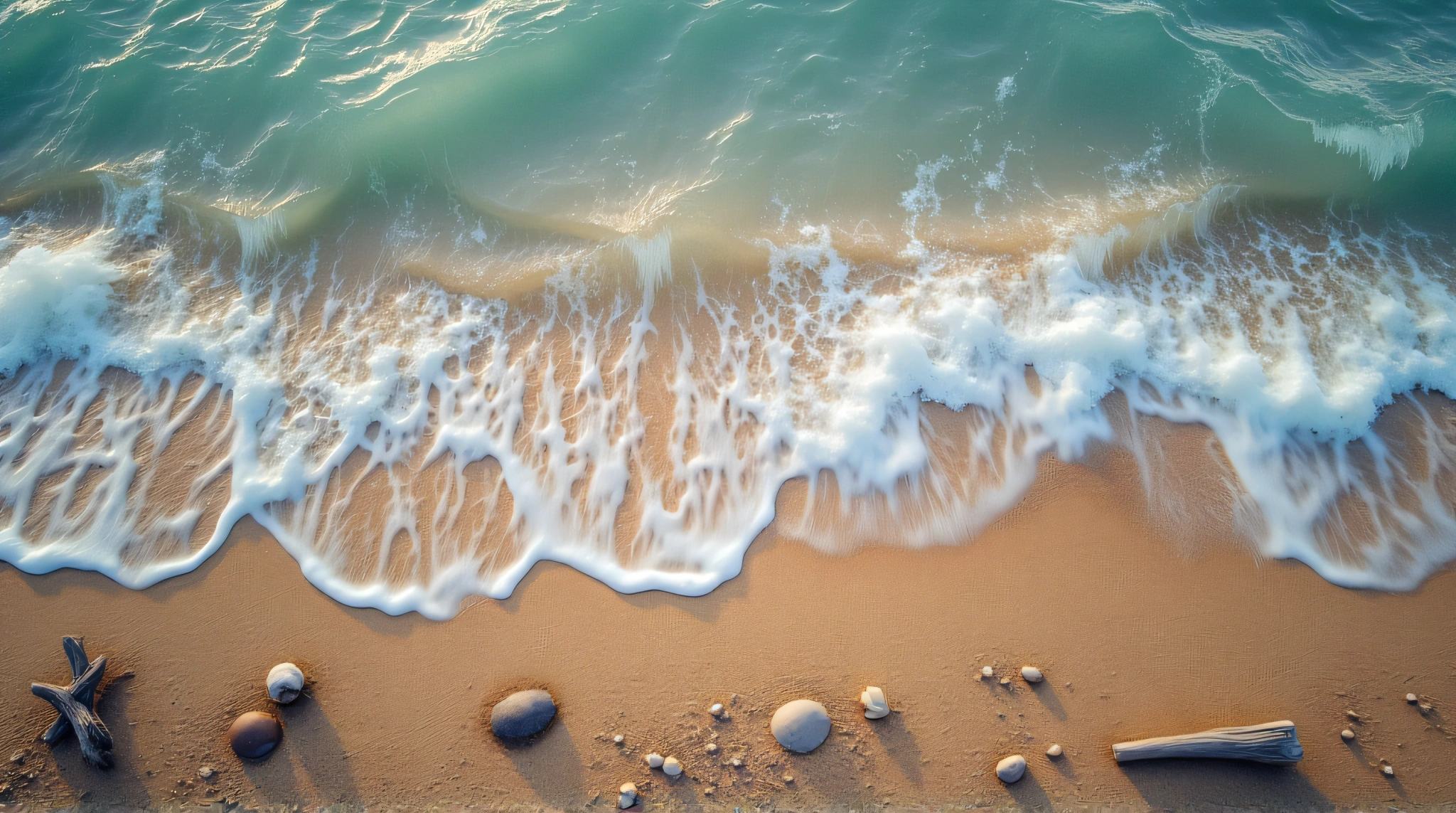 Foamy Surf Meeting Textured Shoreline With Driftwood