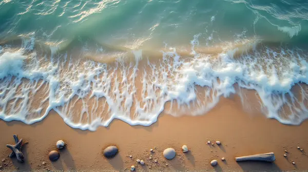 Foamy Surf Meeting Textured Shoreline With Driftwood