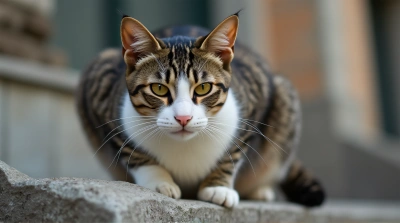 Focused Tricolor Cat Perched On Stone Ledge