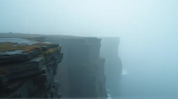 Wide-angle view of rocky cliffs covered in dense fog with layered stone textures and soft light