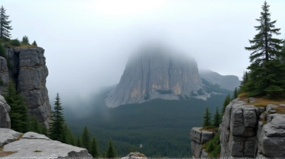 Foggy Summit Surrounded By Jagged Cliffs And Pines