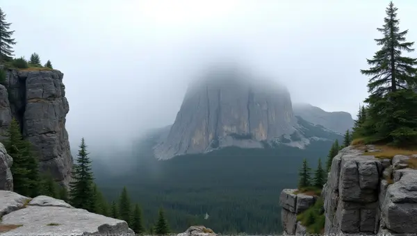 Foggy Summit Surrounded By Jagged Cliffs And Pines
