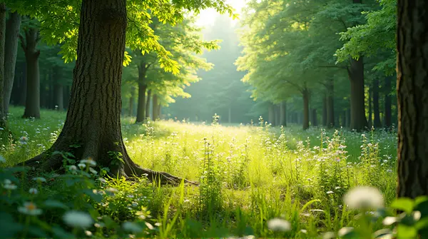 Forest Clearing With Wildflowers And Sunlight