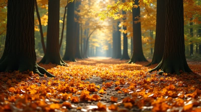 Forest Floor with Warm Toned Leaves and Tall Trees