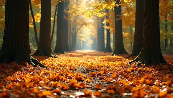 Forest Floor with Warm Toned Leaves and Tall Trees