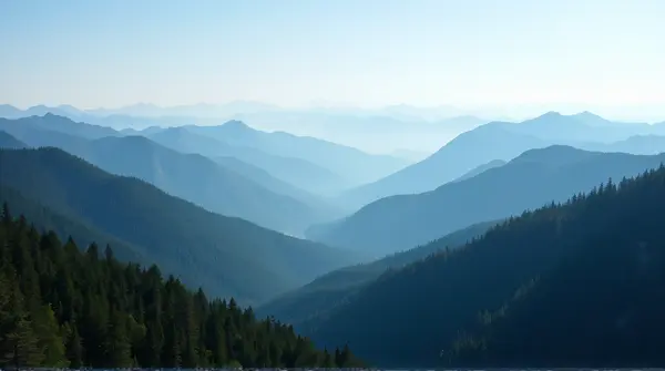 Aerial view of densely forested mountain peaks with multiple ridges extending into the distance under a clear sky.