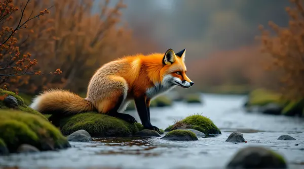 Fox Crouching Beside Creek On Mossy Rocks