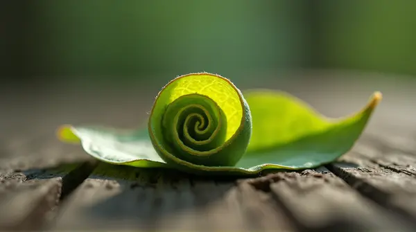 A single curled fragile leaf resting on a rough wooden surface with shallow focus highlighting its edges.