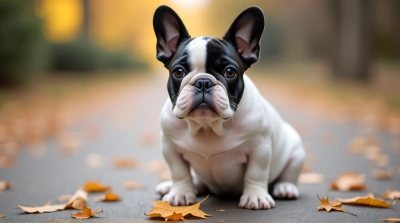 French Bulldog On Stone With Autumn Leaves