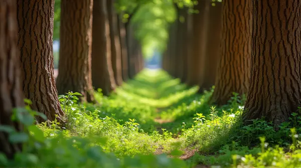 Fresh Verdure Ground Beneath Towering Tree Trunks
