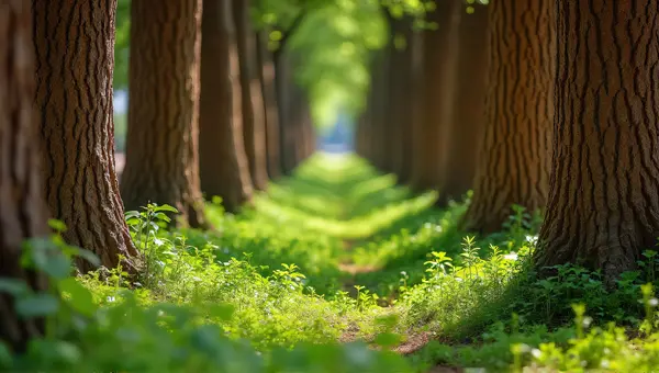 Fresh Verdure Ground Beneath Towering Tree Trunks