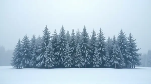 Overhead view of a dense group of frost-covered evergreens under a pale sky.