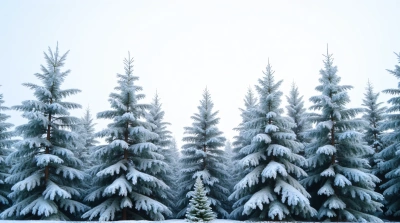 Frost Covered Evergreen Trees Under Pale Sky