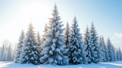 Frost Covered Evergreens Under Clear Blue Sky