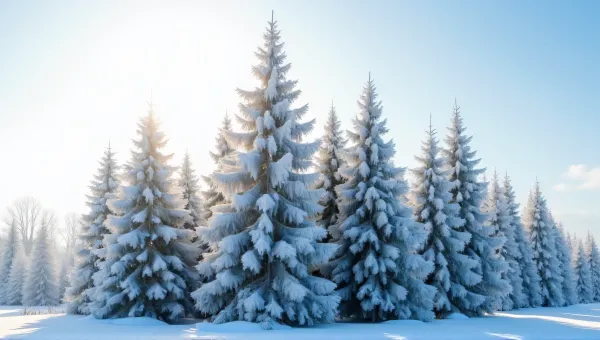 Frost Covered Evergreens Under Clear Blue Sky