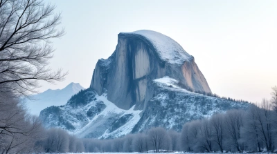 Frost Covered Granite Peak With Bare Branches