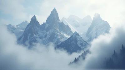 Frost-Covered Mountain Peaks With Misty Veil