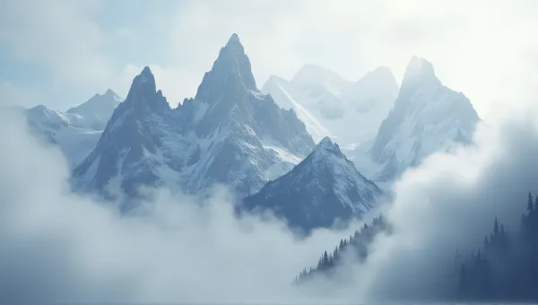 Frost-Covered Mountain Peaks With Misty Veil