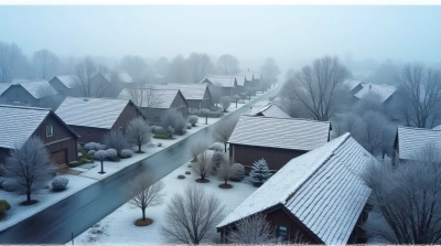 Frost Covered Rooftops With Quiet Neighborhood Streets