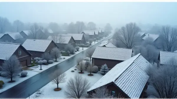 High-angle view of rooftops covered in white frost with leafless trees and winding roads in a calm neighborhood