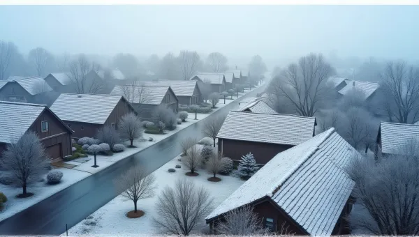Frost Covered Rooftops With Quiet Neighborhood Streets