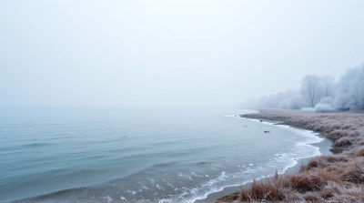 Frost Covered Shoreline With Rippling Water