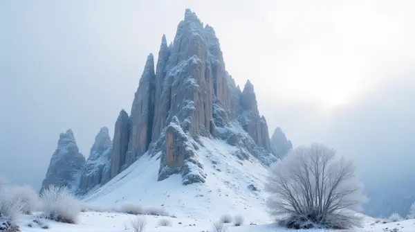 Frost Covered Summit With Jagged Cliffs At Dawn