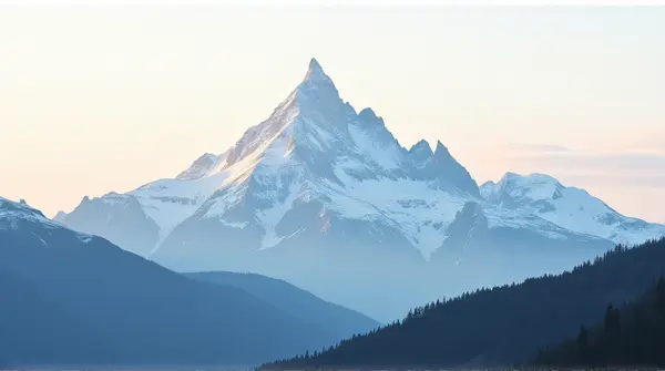 Panoramic view of a frost-covered summit with jagged ridges lit by soft daylight and framed by distant hills