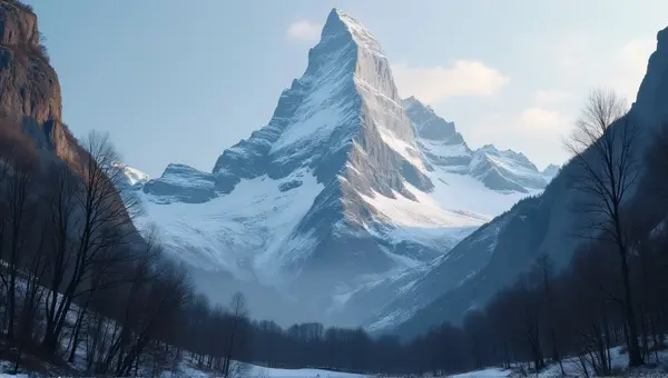 Frost Covered Summit With Rugged Cliffs And Trees