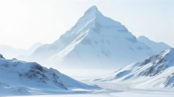 Low angle view of a frost-covered peak with textured slopes under a pale sky.