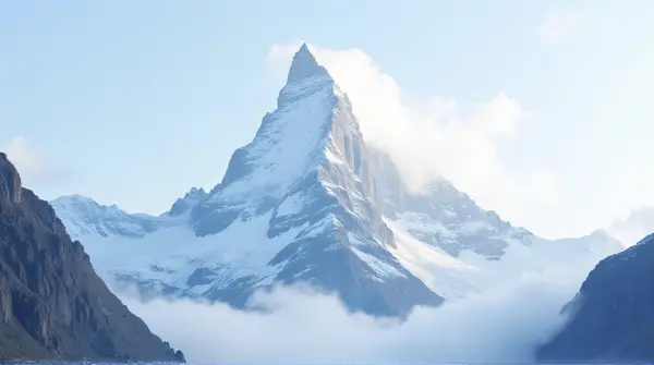 A tall peak covered in white frost beneath a pale blue sky with rocky ridges and light clouds