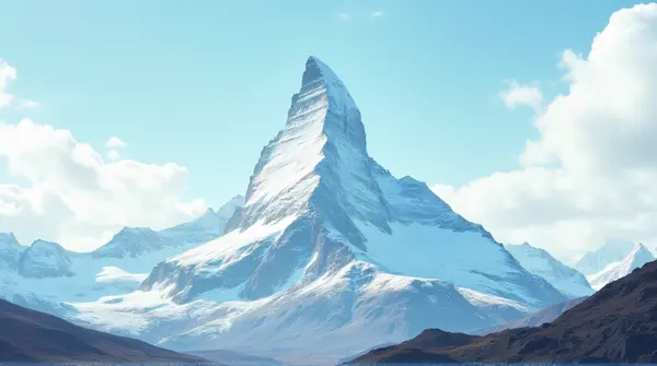 A tall frost-covered peak rising under a pale sky with rugged terrain in front