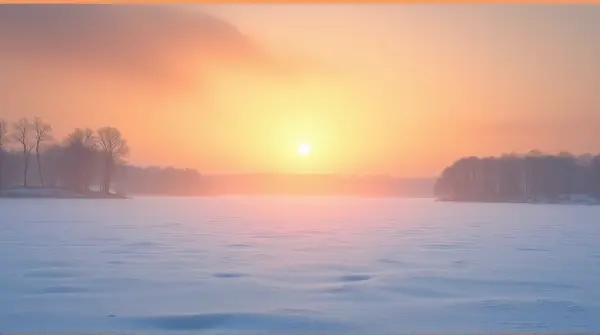A wide frost-covered terrain under a glowing orange sky with trees and soft shadows.