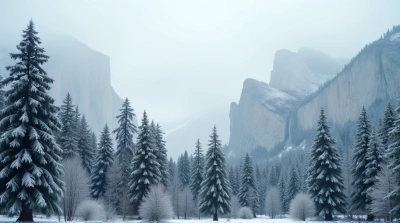 Frost Covered Trees Amid Rugged Peaks Under Soft Light